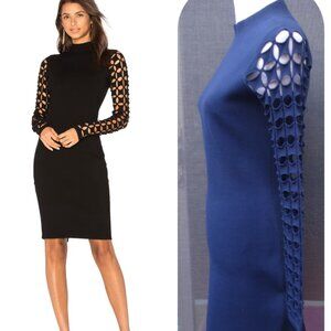 MILLY Medium Lattice Sweater Dress in Navy bodycon long sleeve mock neck